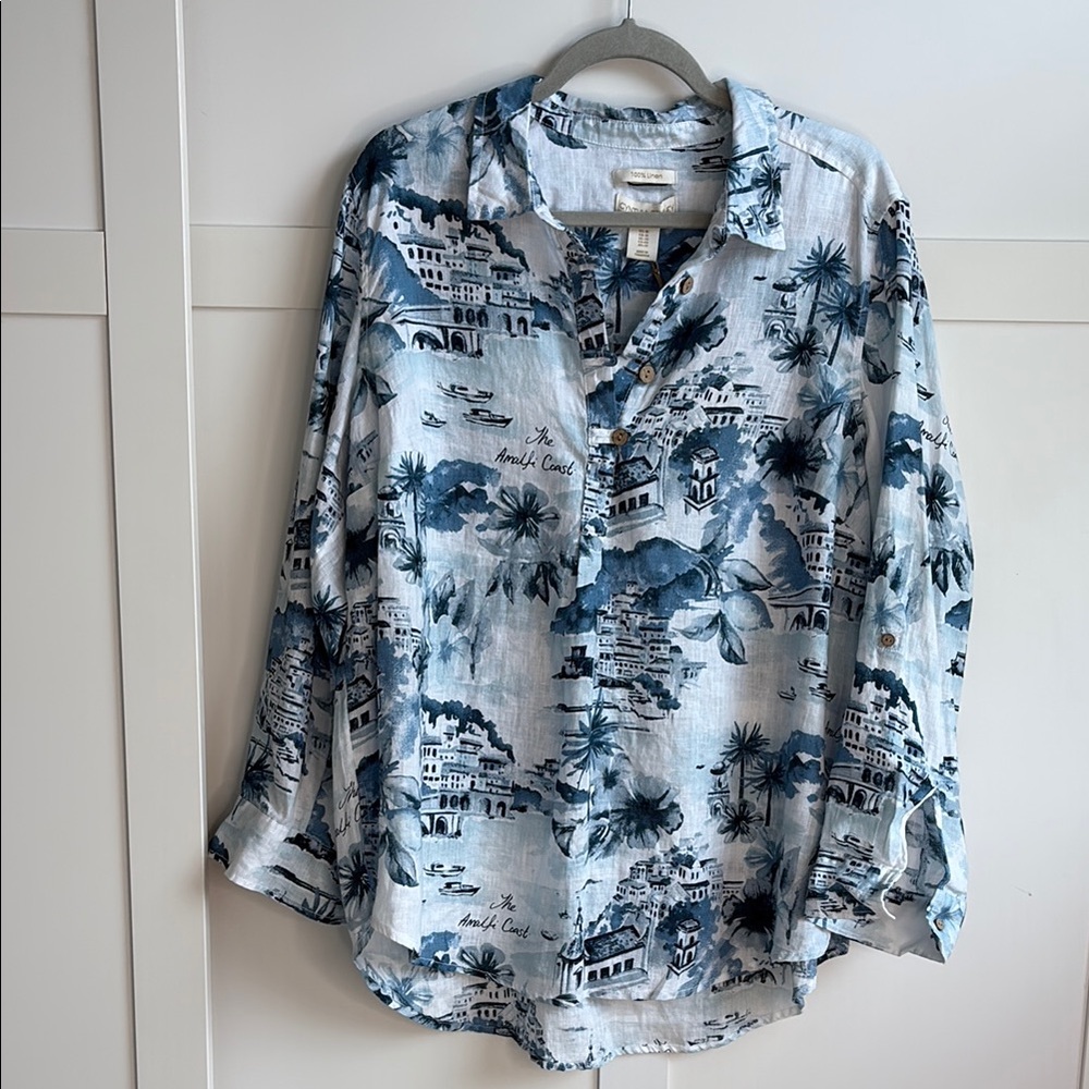 NWT Cynthia Rowley 100% Linen Amalfi Coast Blue/White Print Tunic